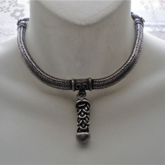 Vintage Rajasthan India Signed RA Sterling Silver Pendant Necklace Choker 128 g.